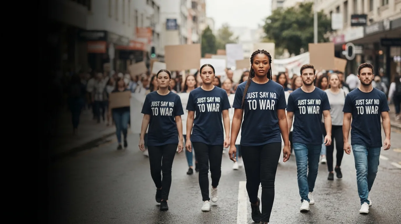 Protesters marching down a city street in matching Just Say No To War tees