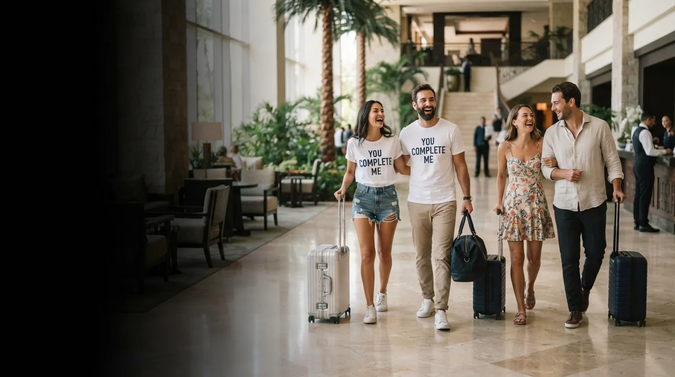 Two couples walking into a resort hotel lobby in matching You Complete Me tees