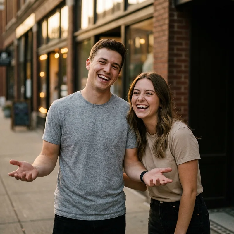 A pair laughing together on a city sidewalk