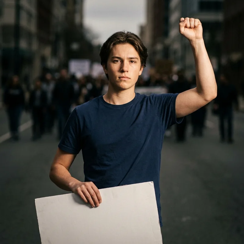 A protester with a raised fist holding a blank placard