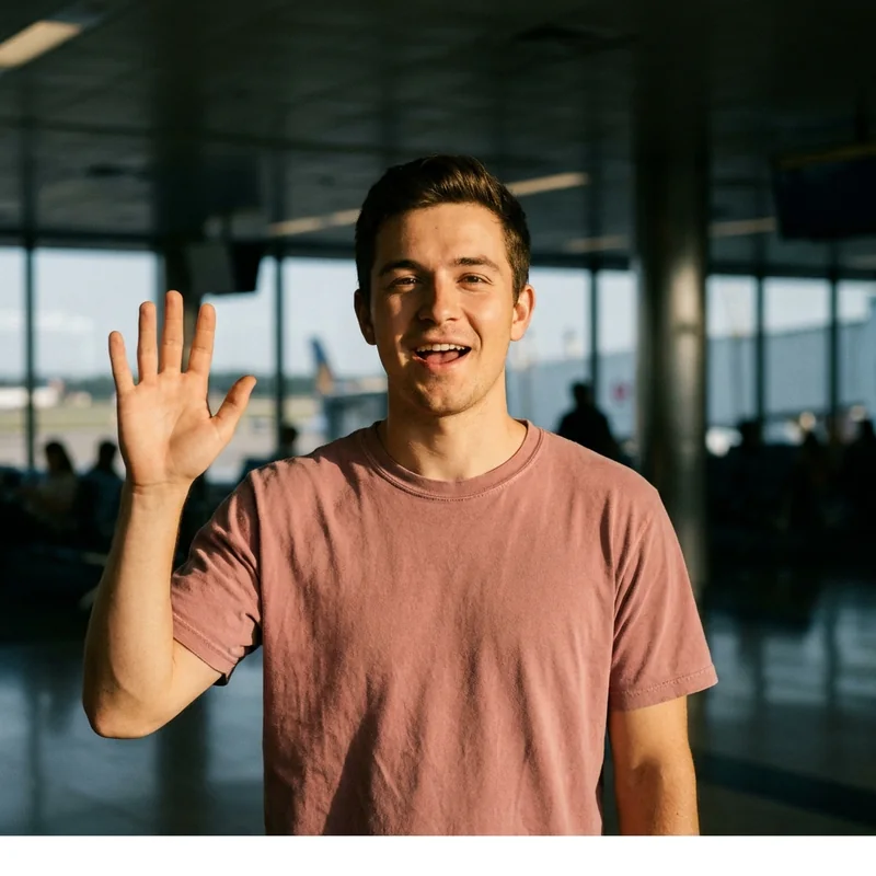 A man waving hello in an airport terminal
