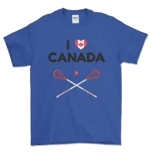 I Love Canada tee in royal blue with crossed lacrosse sticks