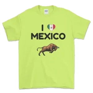 I Love Mexico tee in neon green with a bull print