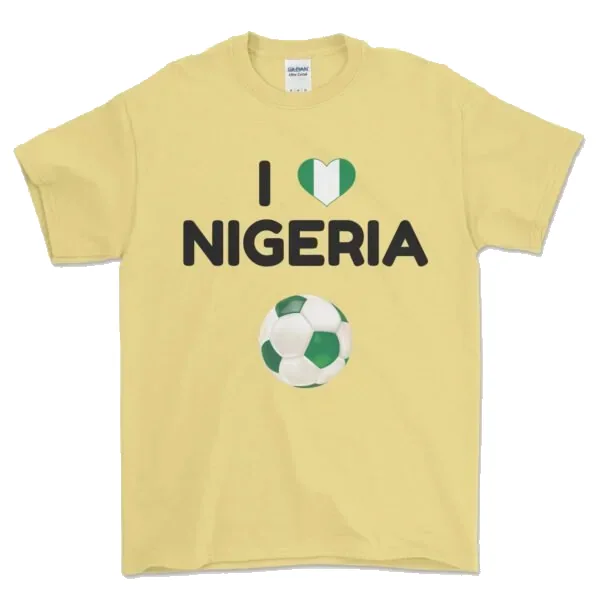 I Love Nigeria tee in butter yellow with a soccer ball print